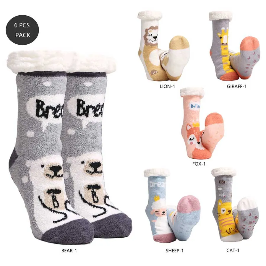 6Pairs Faux Sherpa Lining Animal Character Socks