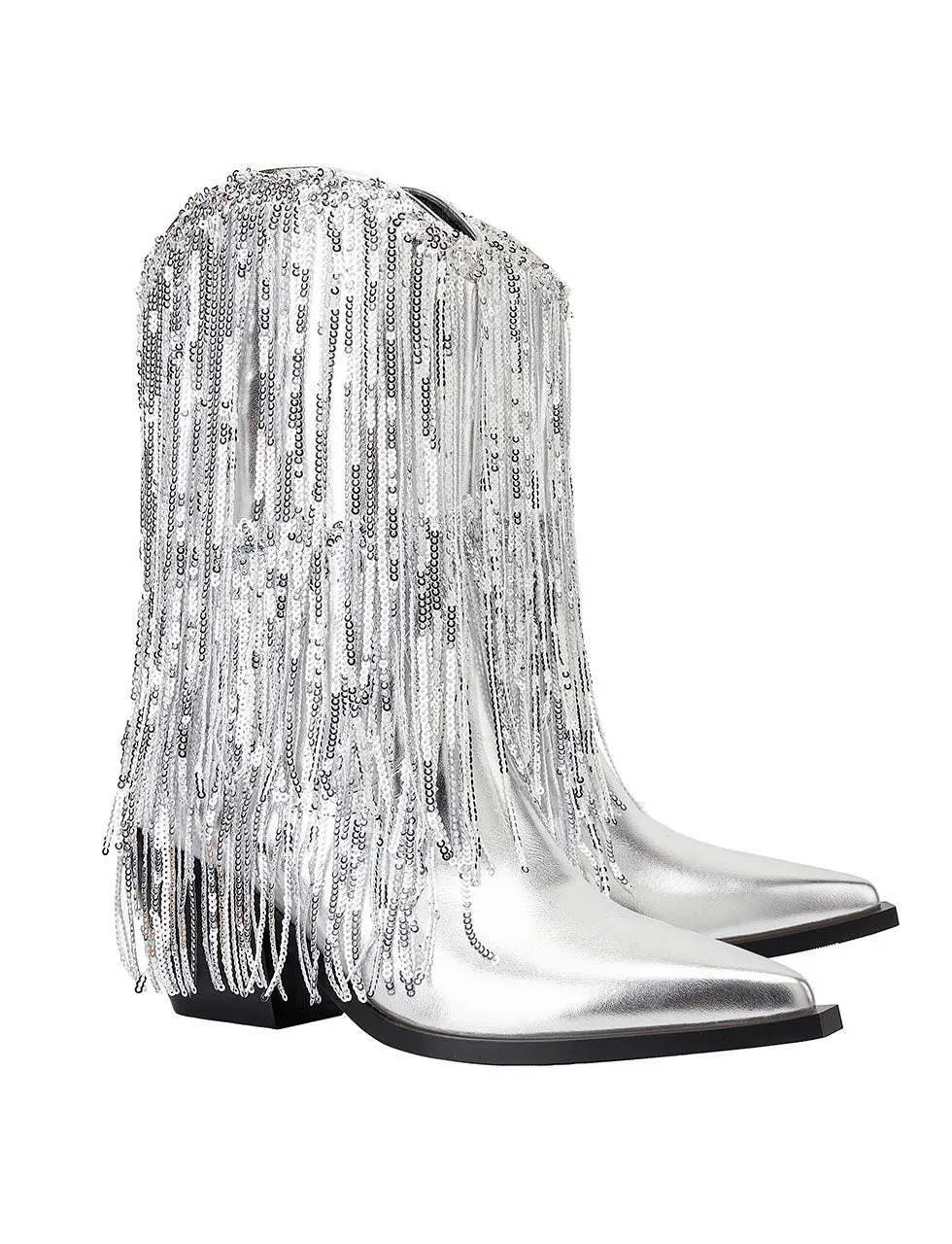 7CM Silver Fringed Chunky Heel  Boots Vintage Shoes