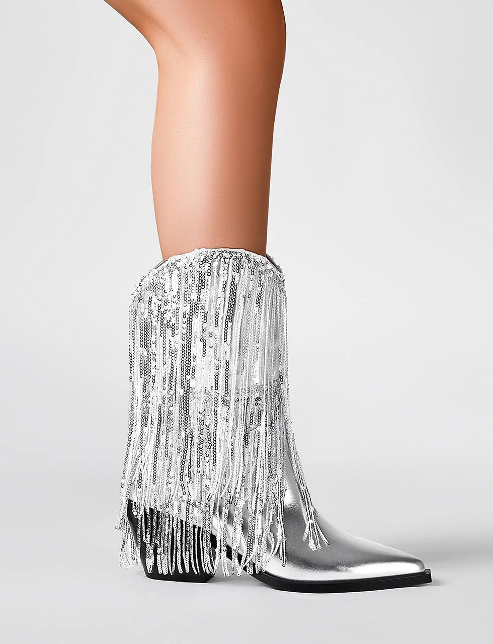 7CM Silver Fringed Chunky Heel  Boots Vintage Shoes