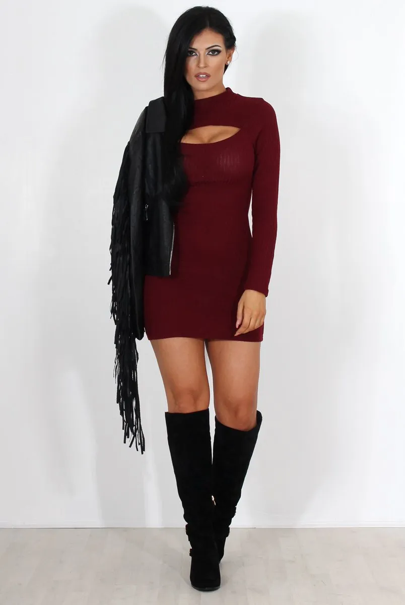 Bess Wine Ribbed Cut Out Dress