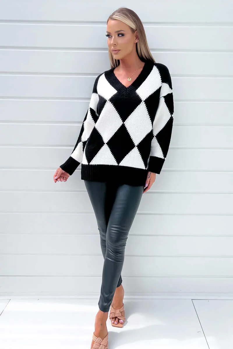 Black And White Geo Diamond Pattern V Neck Long Sleeve Knitted Jumper