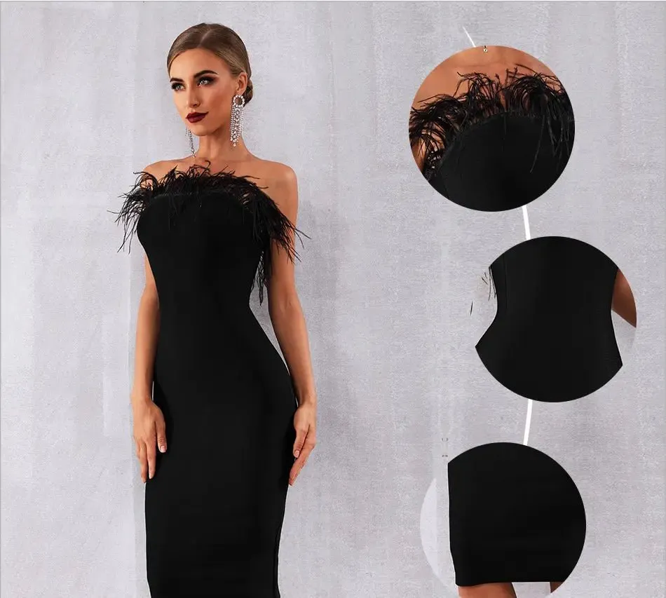 Black Feathers Bandage Dress