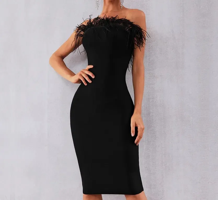 Black Feathers Bandage Dress