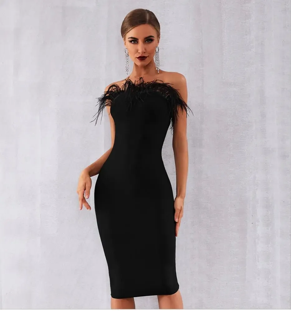 Black Feathers Bandage Dress