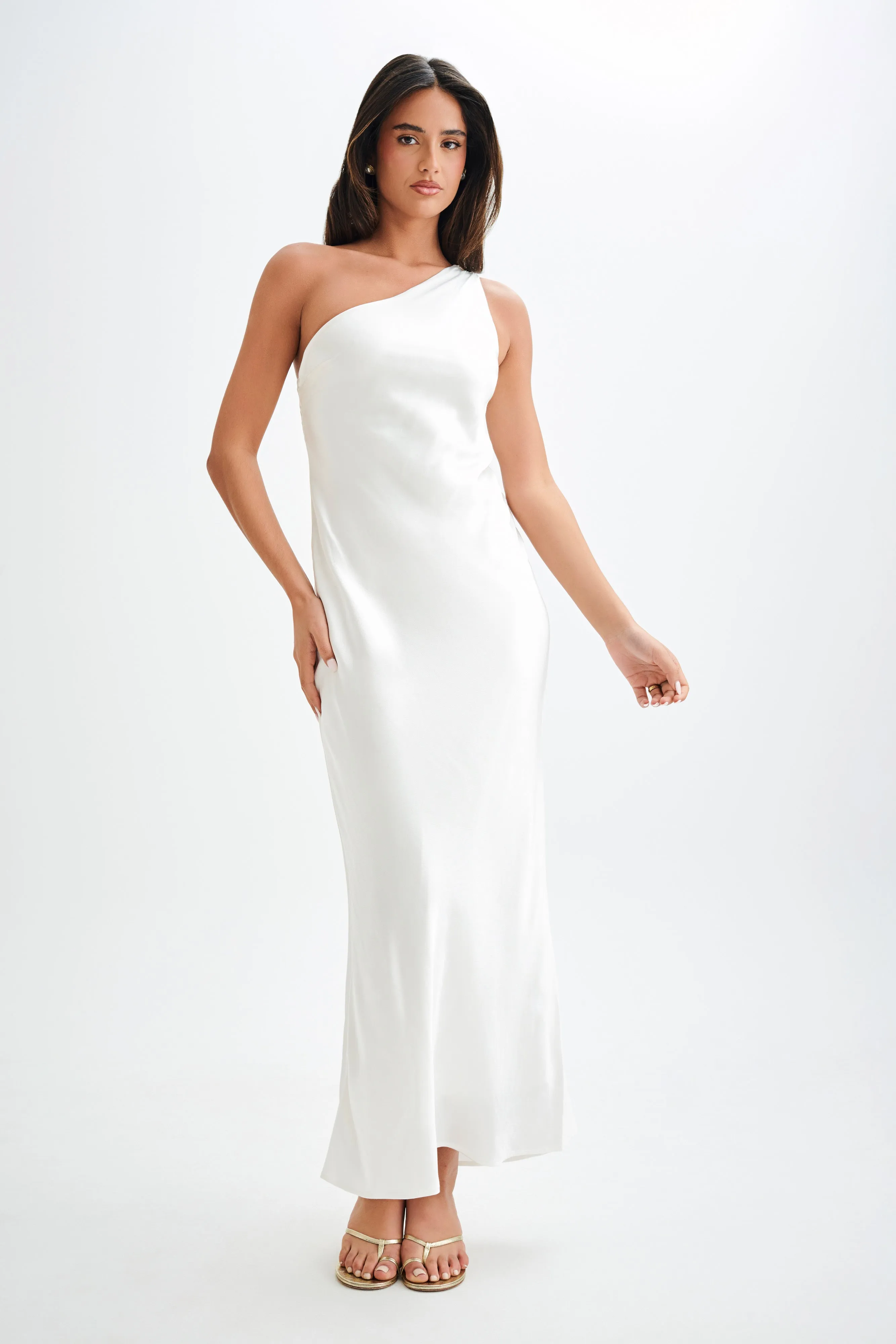 Camille One Shoulder Satin Maxi Dress - White