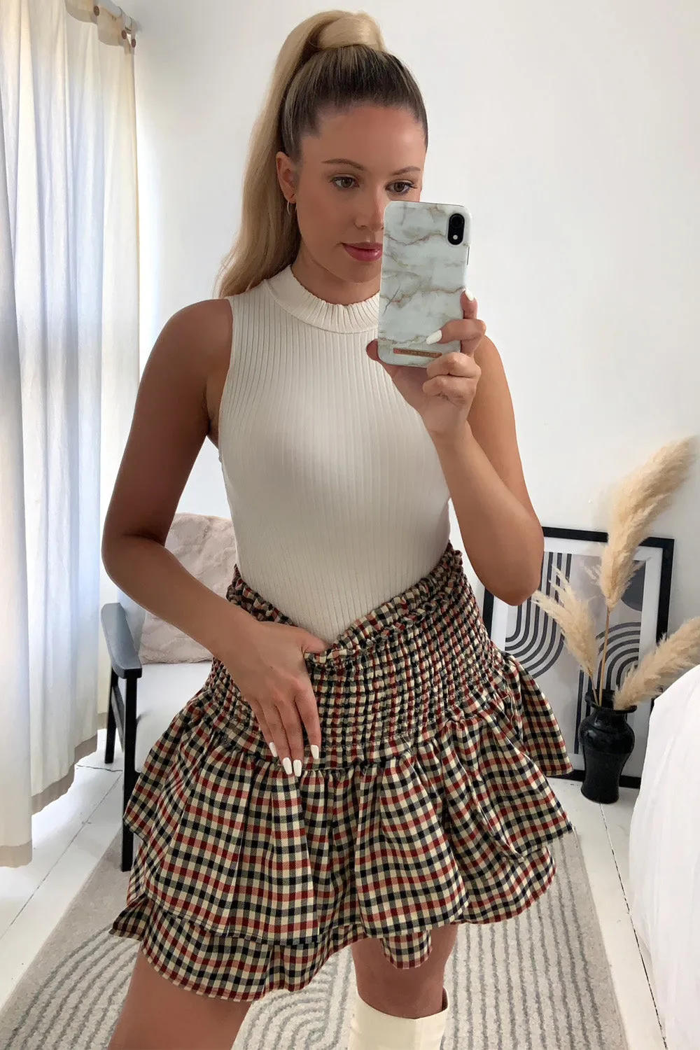 Cece Beige and Red Check Shirred Waist Ruffle Hem Mini Skirt