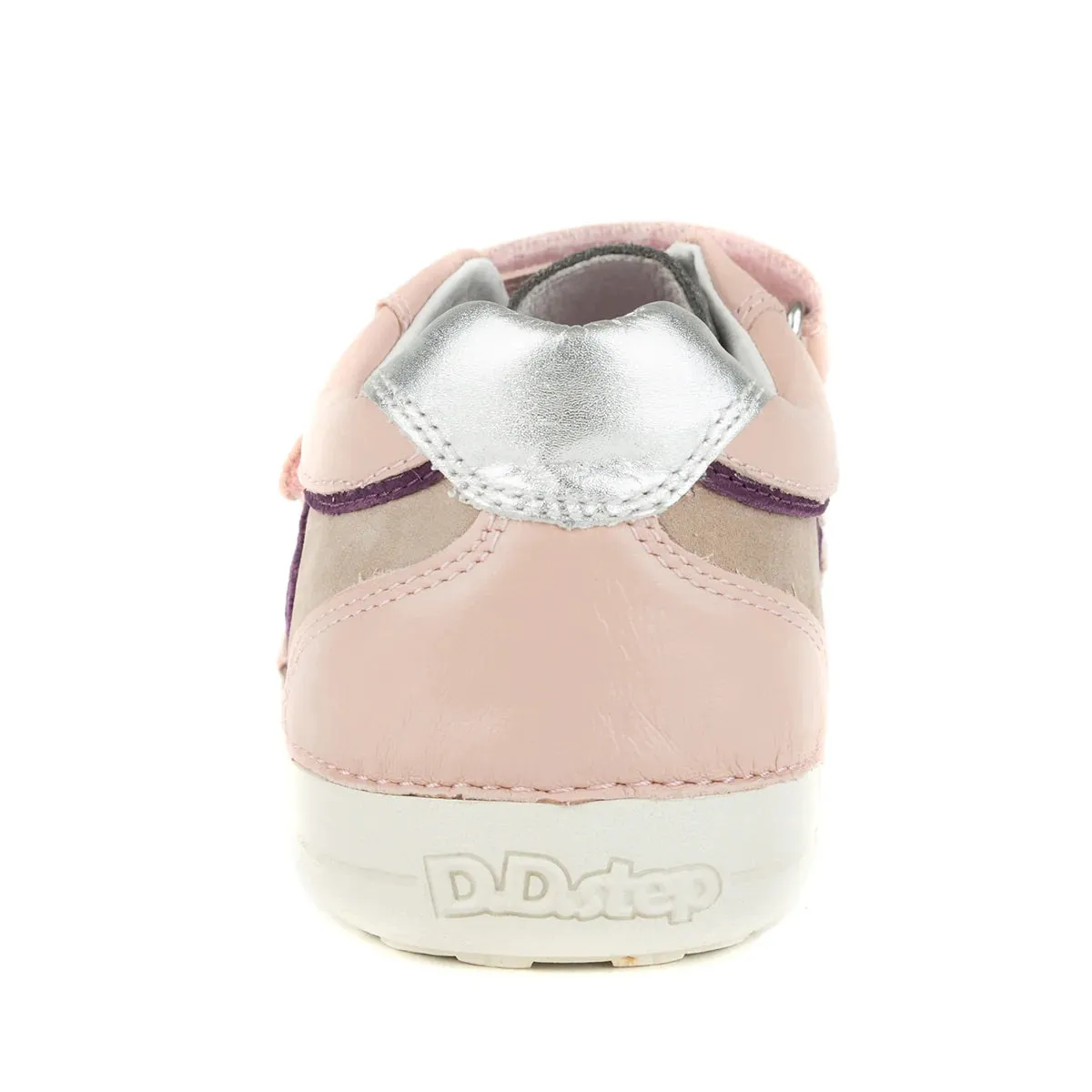 D.D. Step Big Kid Girl Double Strap Shoes Beige And Light Pink With Purple Silver Stripe - Supportive Leather From Europe Kids Orthopedic