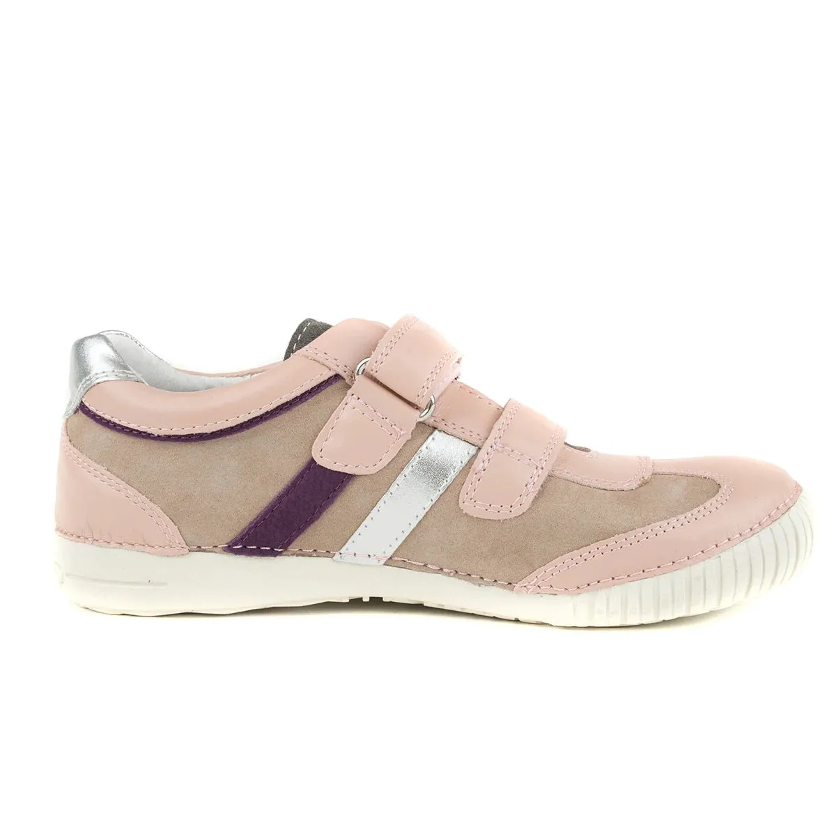 D.D. Step Big Kid Girl Double Strap Shoes Beige And Light Pink With Purple Silver Stripe - Supportive Leather From Europe Kids Orthopedic