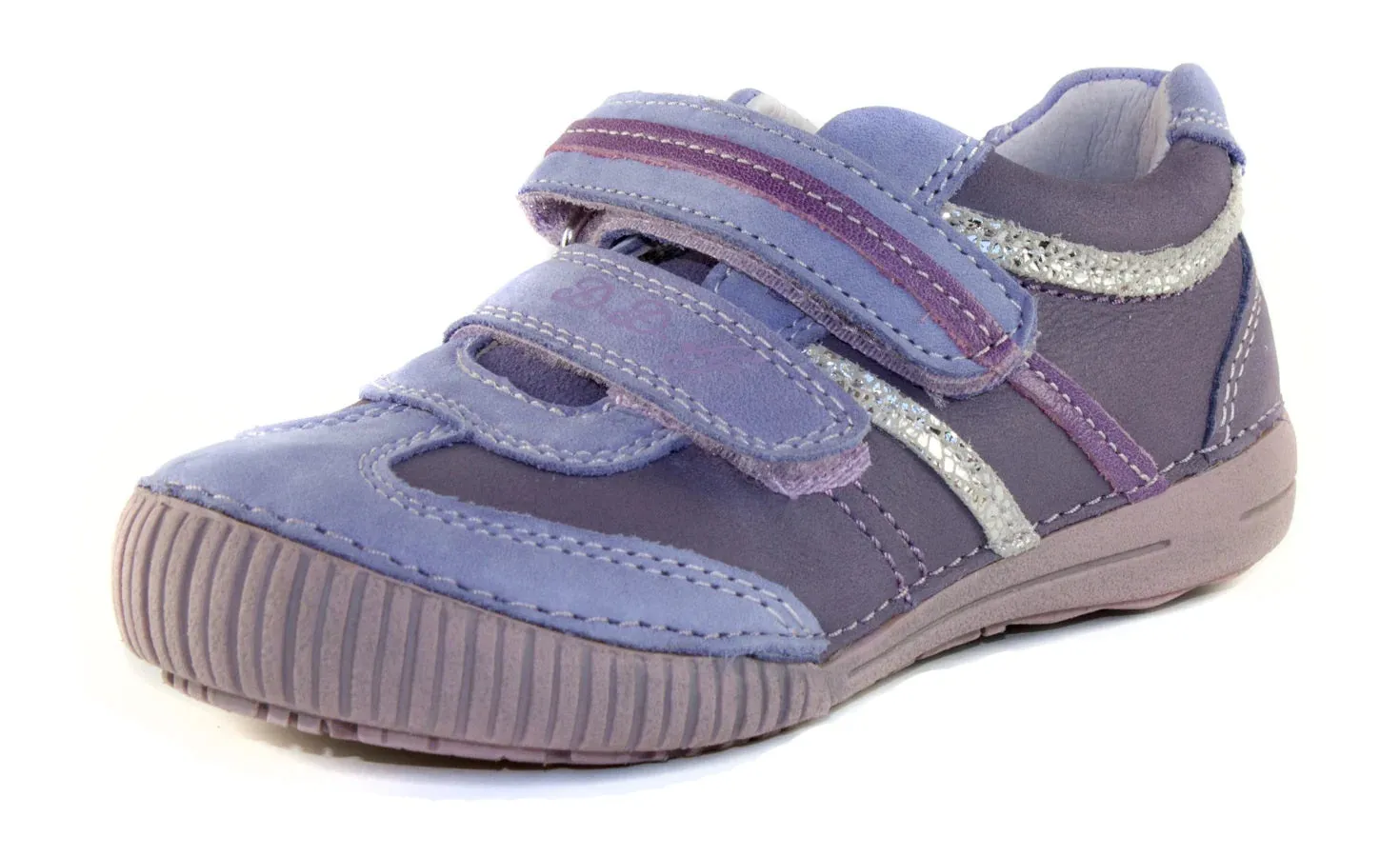 D.D. Step Little Kid Girl Double Strap Shoes Violet With Silver And Purple Stripes - Supportive Leather From Europe Kids Orthopedic