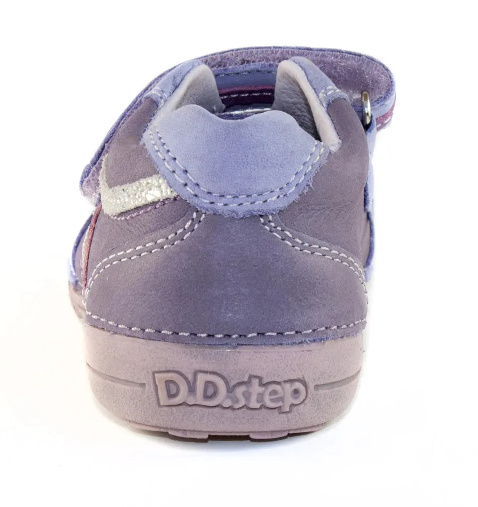 D.D. Step Little Kid Girl Double Strap Shoes Violet With Silver And Purple Stripes - Supportive Leather From Europe Kids Orthopedic