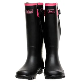 Extra Wide Calf Black Wellies with Hot Pink Trim - Wide in Foot & Ankle - Fit 40-57cm Calf