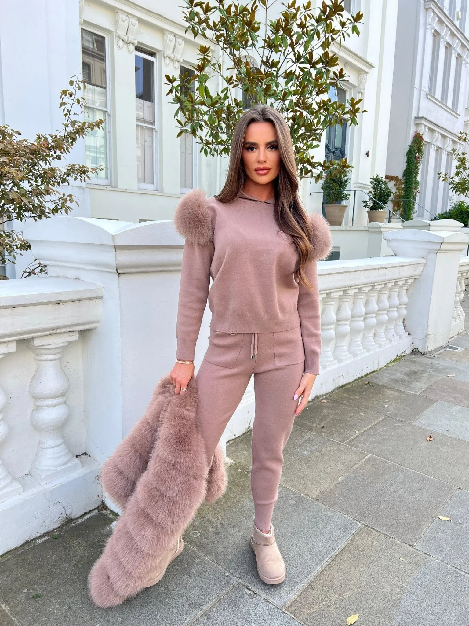 Premium Taupe Faux Fur Hooded Tracksuit