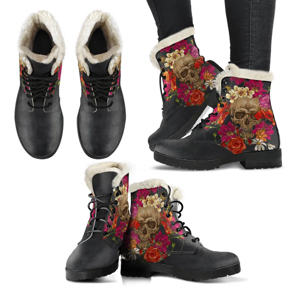 Skull and Flowers - Fur Vegan Boots