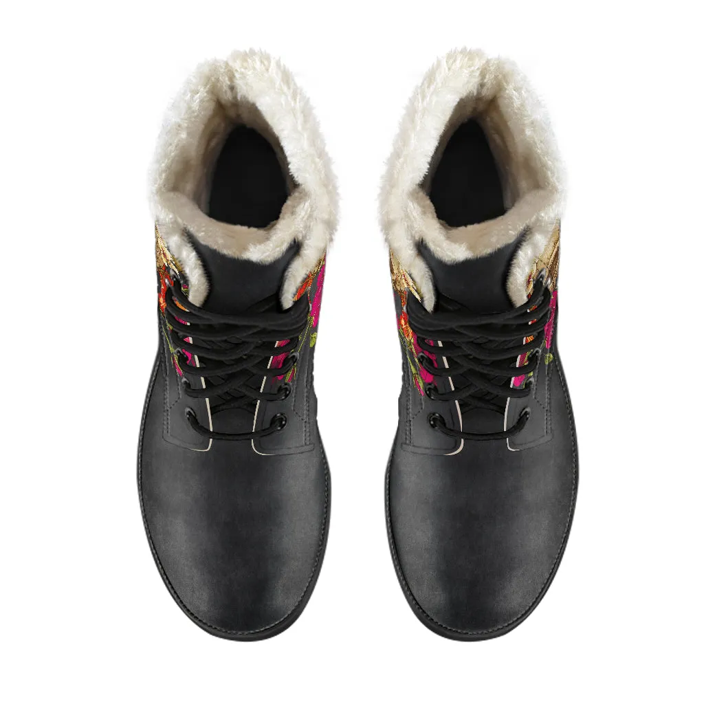 Skull and Flowers - Fur Vegan Boots