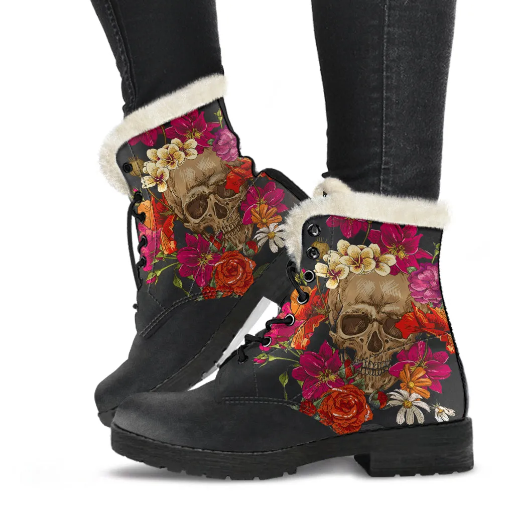 Skull and Flowers - Fur Vegan Boots