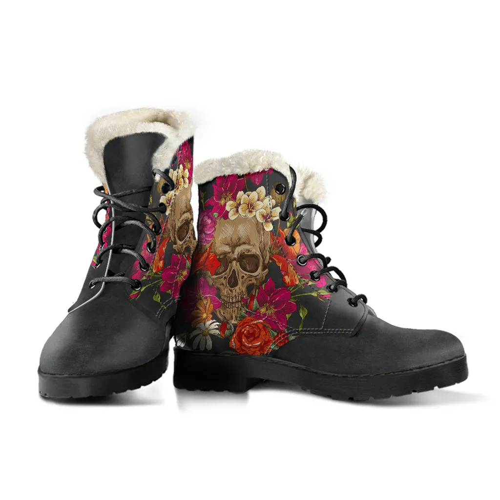 Skull and Flowers - Fur Vegan Boots