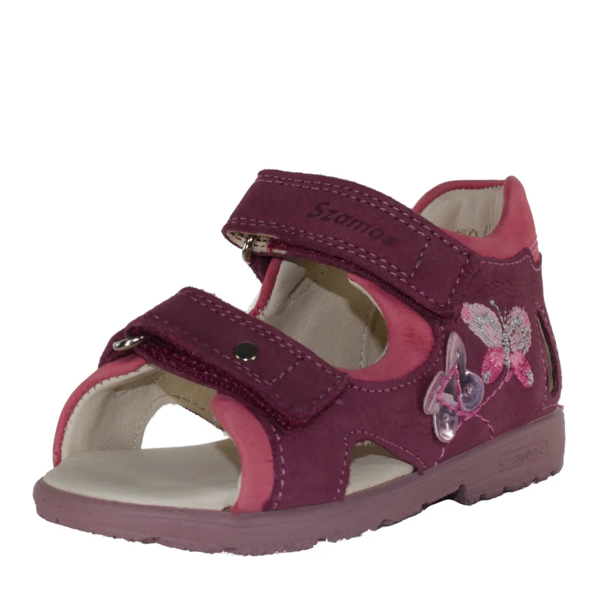 Szamos Kid Girl Supinated Sandals In Dark Pink Color And Butterfly Pattern With Double Velcro Strap - Made In Europe