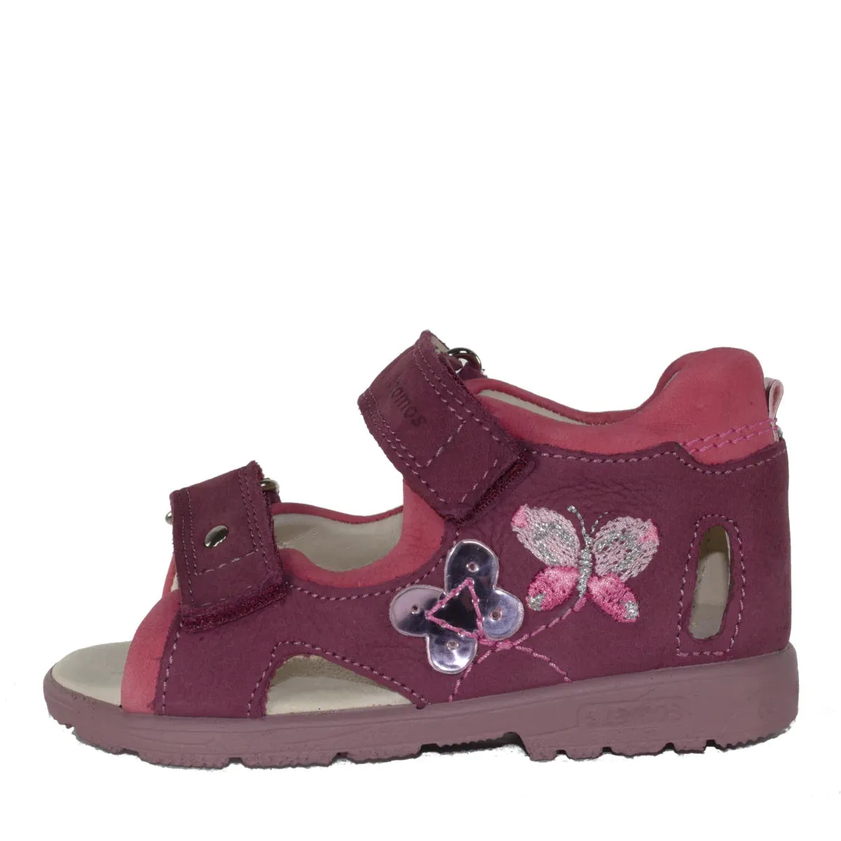 Szamos Kid Girl Supinated Sandals In Dark Pink Color And Butterfly Pattern With Double Velcro Strap - Made In Europe