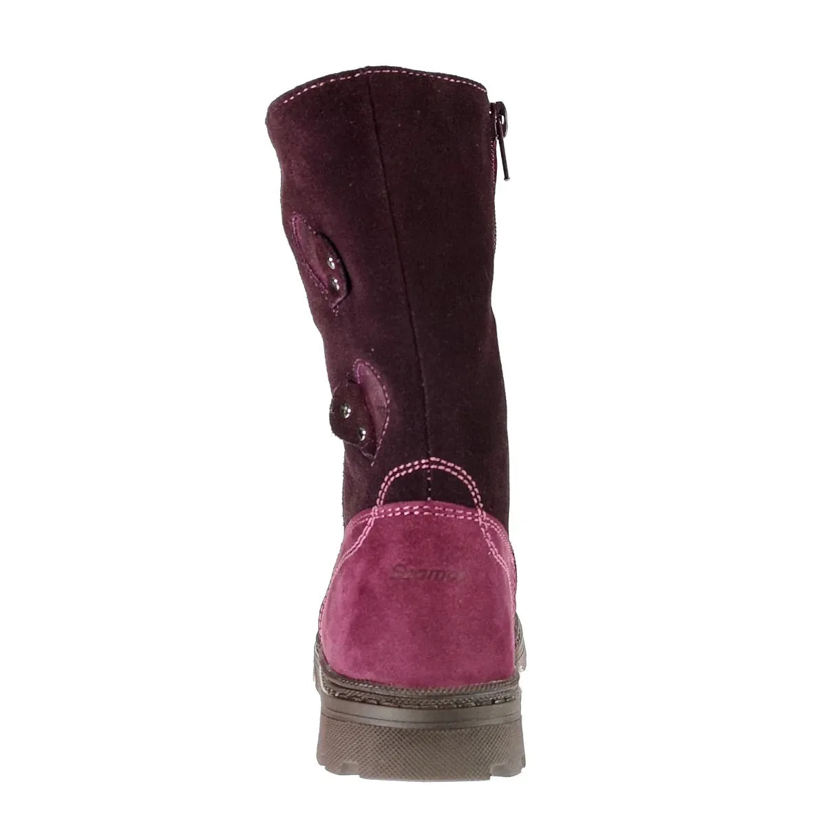 Szamos Kid Girl Winter Boots Burgundy And Mauve With Hearts And Side Zipper - Made In Europe