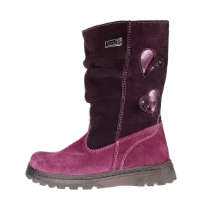 Szamos Kid Girl Winter Boots Burgundy And Mauve With Hearts And Side Zipper - Made In Europe